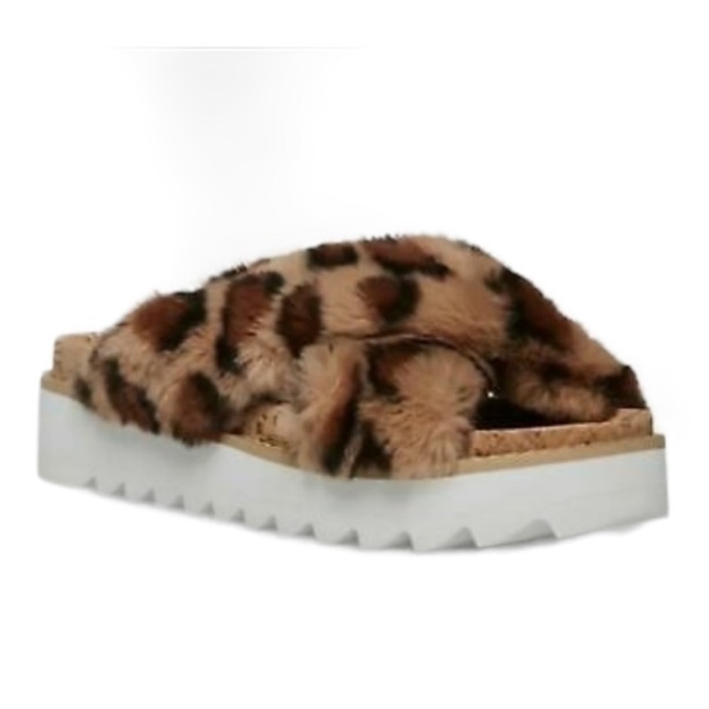 New STEVE MADDEN Slip on Platform Cork Leopard Print Faux Fur Sandal Slippers